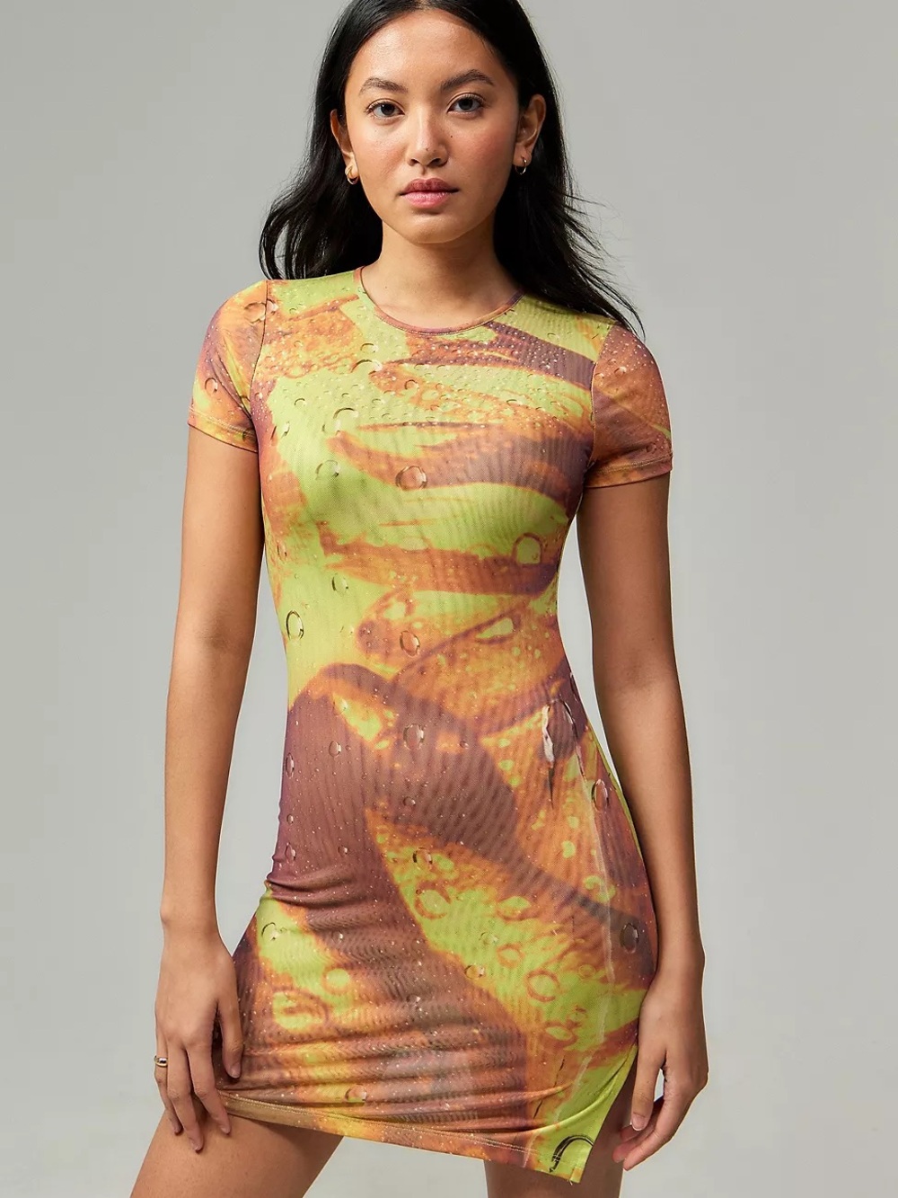 Miaou x UO Lime and Brown Abstract Mini Bodycon Dress